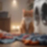 A cat curiously sniffing a pile of clothes