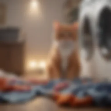 A cat curiously sniffing a pile of clothes