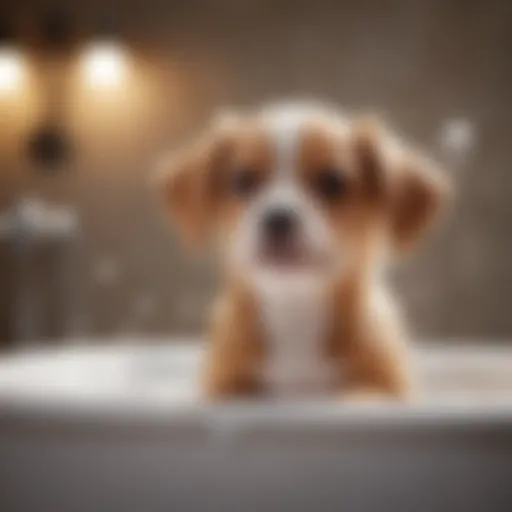 A playful puppy in a bathtub with bubbles