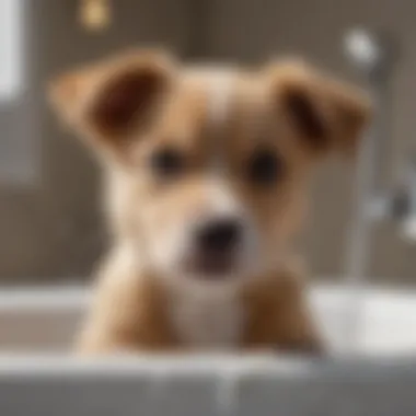 Calm puppy being gently washed with water