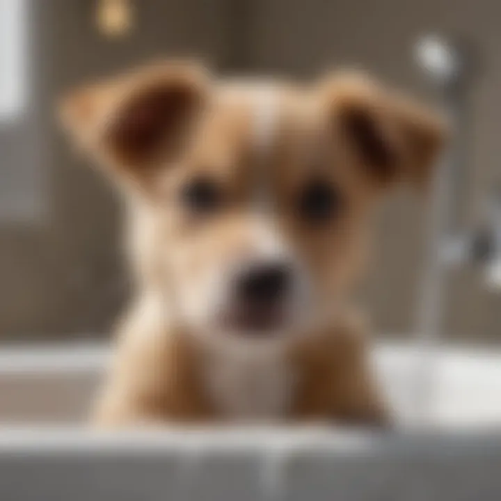 Calm puppy being gently washed with water