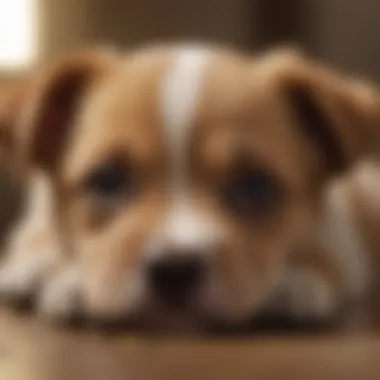 Close-up of a puppy lying down obediently