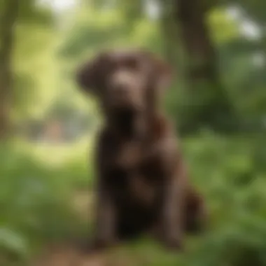 Chocolate Labrador Retriever sitting in a lush green park