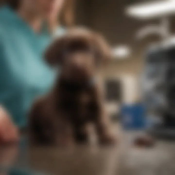 A vet performing a health check on a chocolate lab puppy