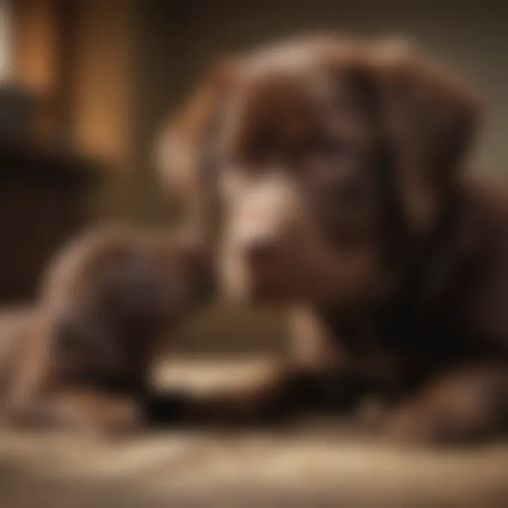 New owners bonding with their chocolate lab puppy at home