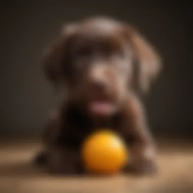 A playful chocolate lab puppy with a ball in its mouth