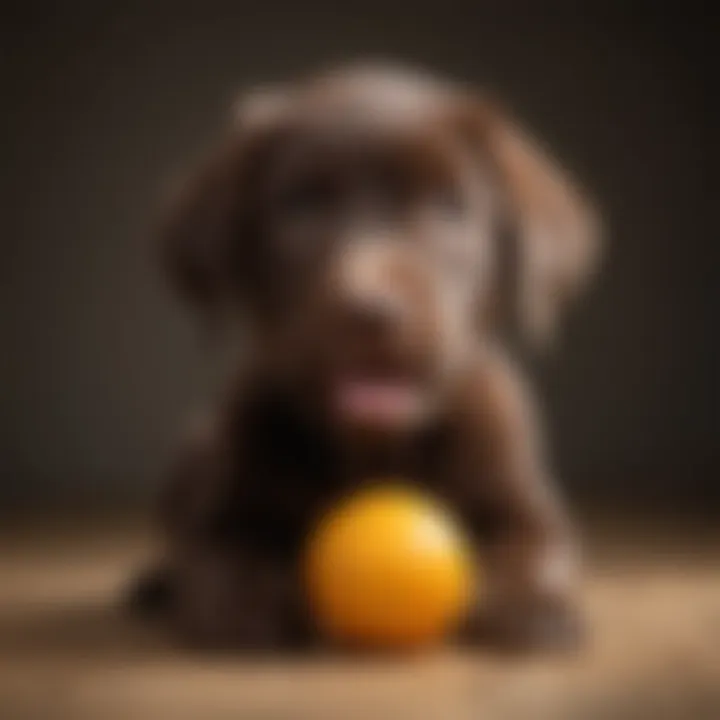 A playful chocolate lab puppy with a ball in its mouth