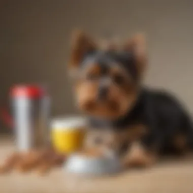 Feeding guidelines for Yorkies displayed on a table with a measuring cup