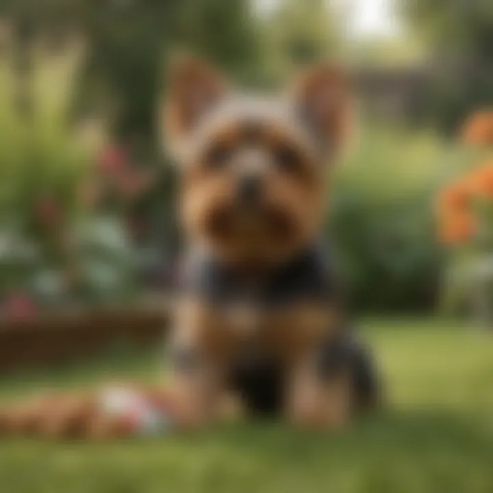 A healthy Yorkshire Terrier playing in a garden after a nutritious meal