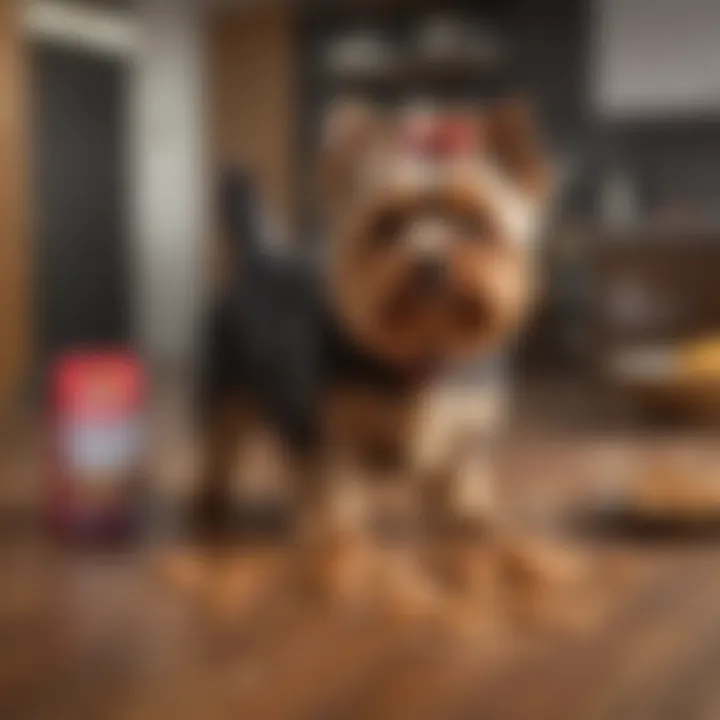 Ingredients of Purina Pro Plan for Yorkies arranged on a wooden surface