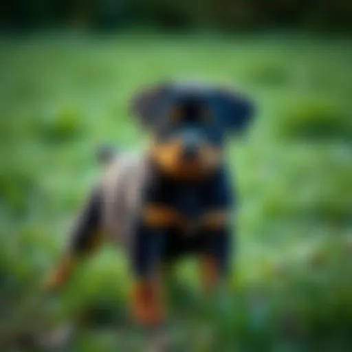 Charming Rottweiler Lab puppy playing in the grass