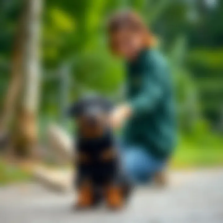 Rottweiler Lab puppy during training session with owner