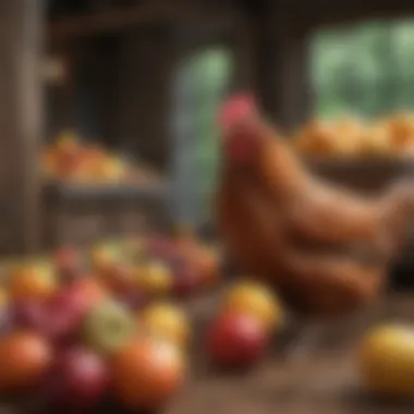 Chickens pecking at a mixture of fruits in a coop