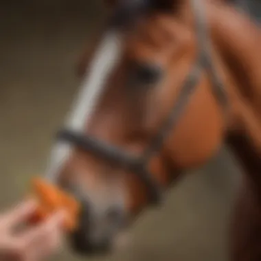 A horse enjoying a fresh carrot treat offered by a caretaker