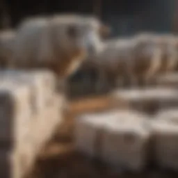 A flock of sheep grazing near a salt block