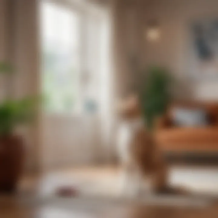 A serene living room with a cat enjoying a fresh and pleasant atmosphere created by the right air freshener.