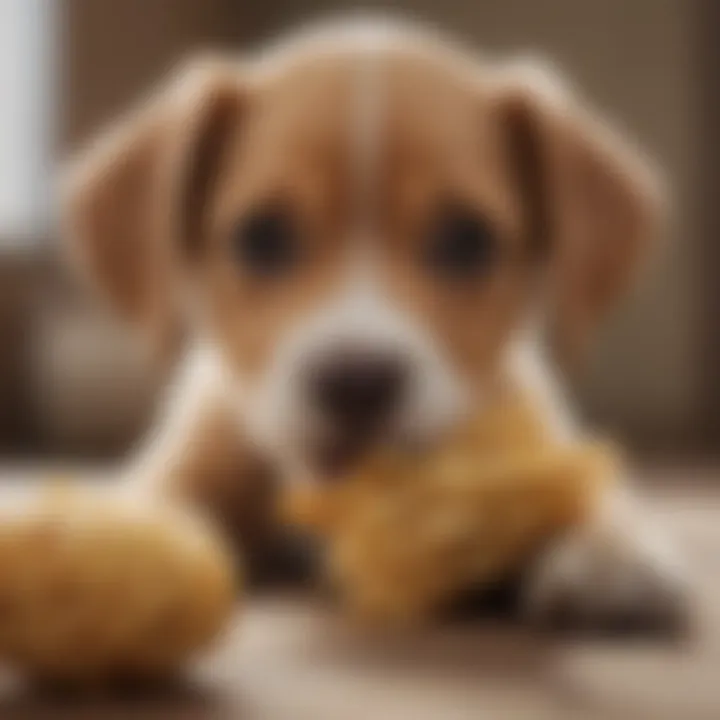 A close-up of a puppy chewing on a natural fiber chew toy