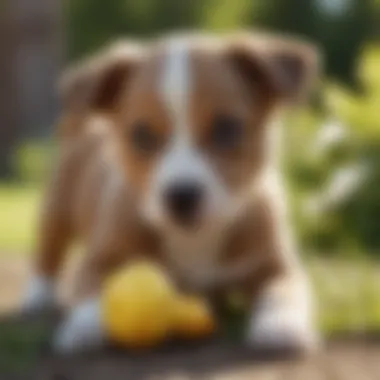 A playful puppy engaging with a squeaky chew toy in a sunny garden