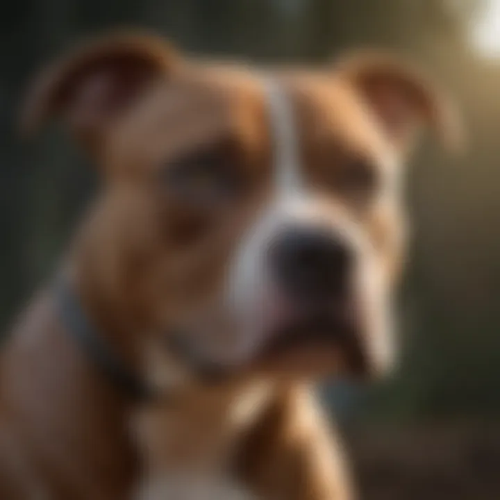Pitbull wearing a comfortable muzzle outdoors