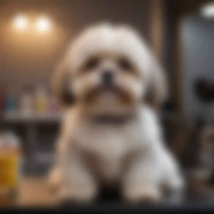 A Shih Poo being pampered at a professional grooming salon