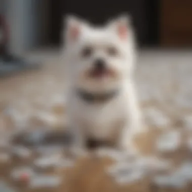 A small white dog surrounded by various name tags