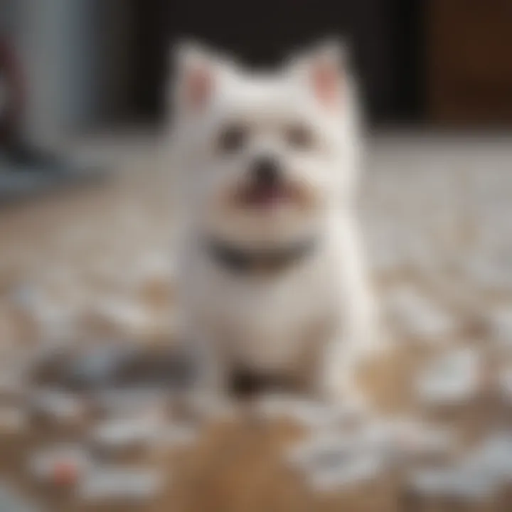 A small white dog surrounded by various name tags