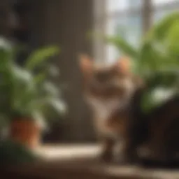 A cat curiously inspecting a vibrant indoor plant