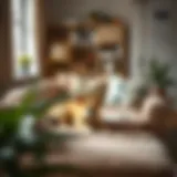 A cozy living room showcasing a clean couch with a dog resting on it
