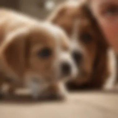 An owner gently redirecting a puppy from nursing