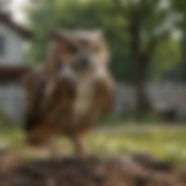 Decoy owl placed in a backyard to scare hawks away