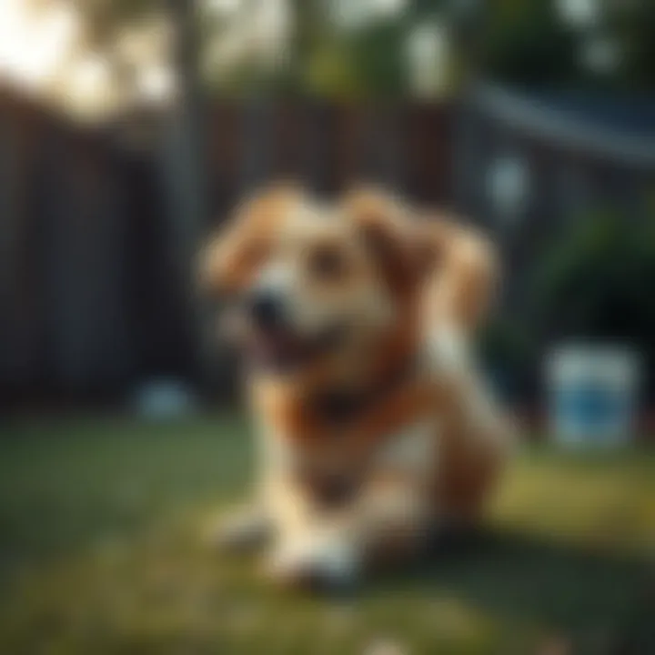 A dog playing in a fenced backyard