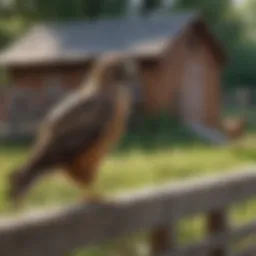 Hawk perched on a fence post overlooking a chicken coop