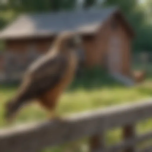 Hawk perched on a fence post overlooking a chicken coop