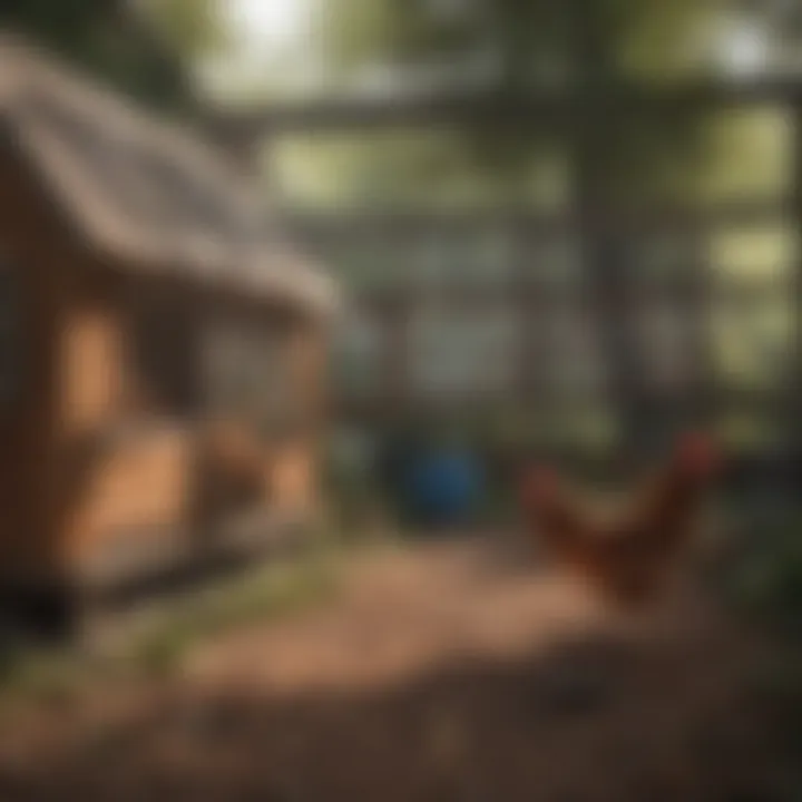 A chicken coop surrounded by protective netting