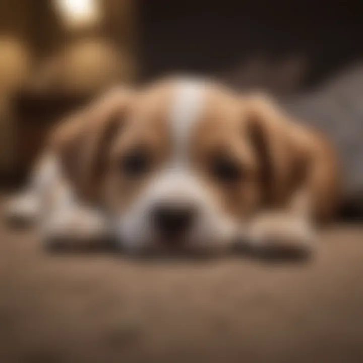 Puppy resting in a darkened room