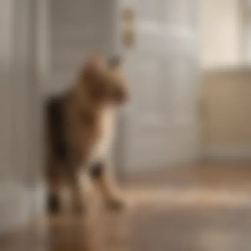 A cat curiously observing a door with claw marks.