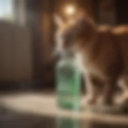 A cat curiously observing a spray deterrent bottle