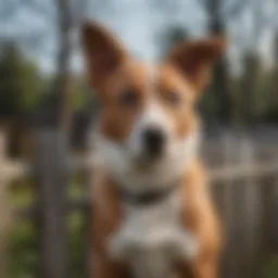 A dog looking towards a fence with curiosity