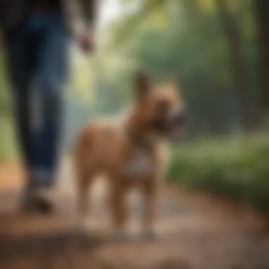 A dog calmly walking beside its owner on a leash