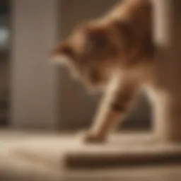 A cat playing with a scratching post instead of a carpet