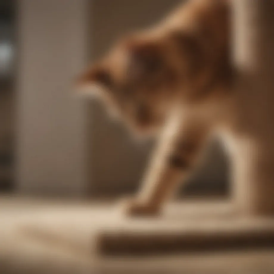 A cat playing with a scratching post instead of a carpet