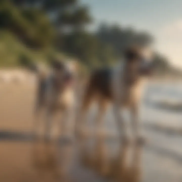 A group of dogs socializing by the shoreline