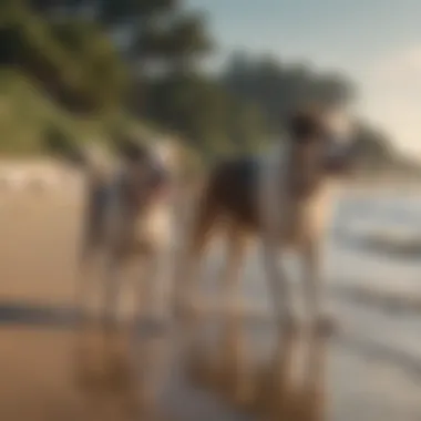 Dog Socialization at the Beach A group of dogs socializing by the shoreline