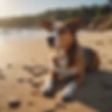 Relaxing Dog on the Beach A serene beach setting with a dog relaxing on the sand