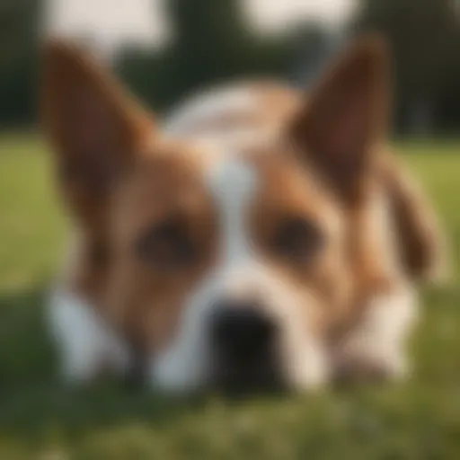 A dog lying down on a grassy field, showcasing obedience