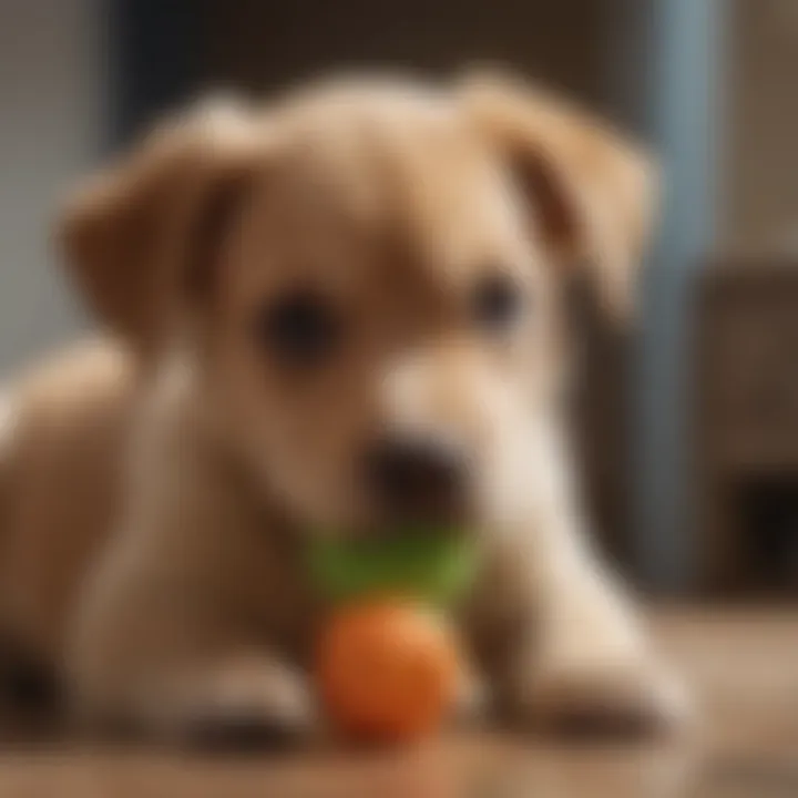 Puppy using a rubber chew toy to ease teething discomfort