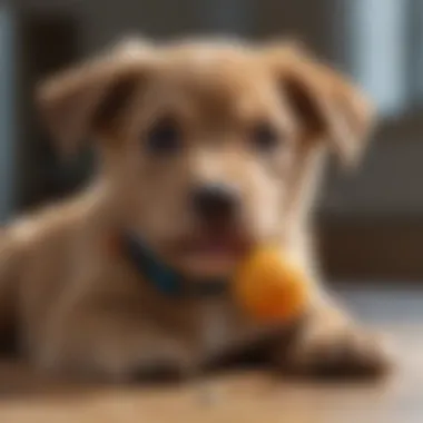 Teething puppy happily playing with a safe chew toy