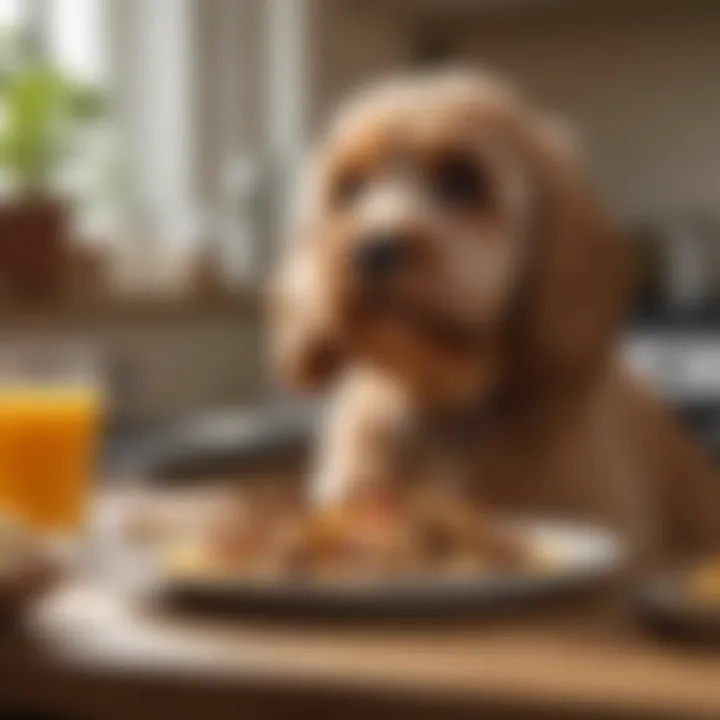 A Cockapoo enjoying a meal with a balanced diet on a feeding schedule