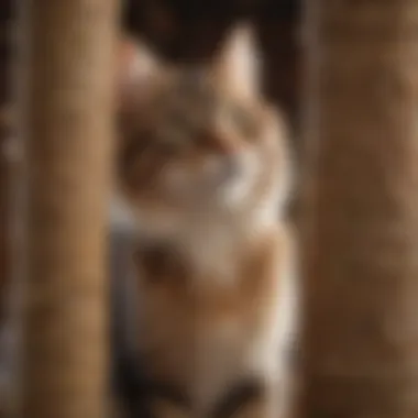 A playful cat enjoying a tall scratching post with various textures