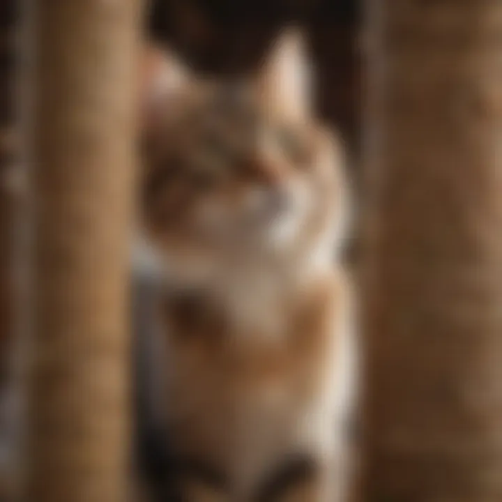 A playful cat enjoying a tall scratching post with various textures